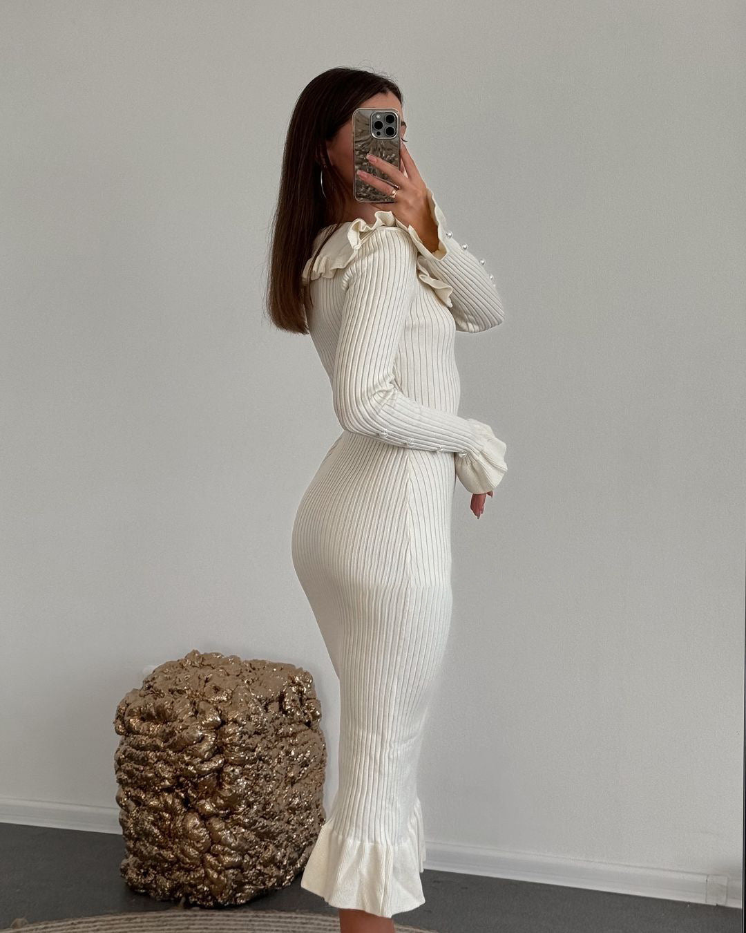 Women Autumn Retro Contrast Peter Pan Collar Ruffle Knitting Dress 8