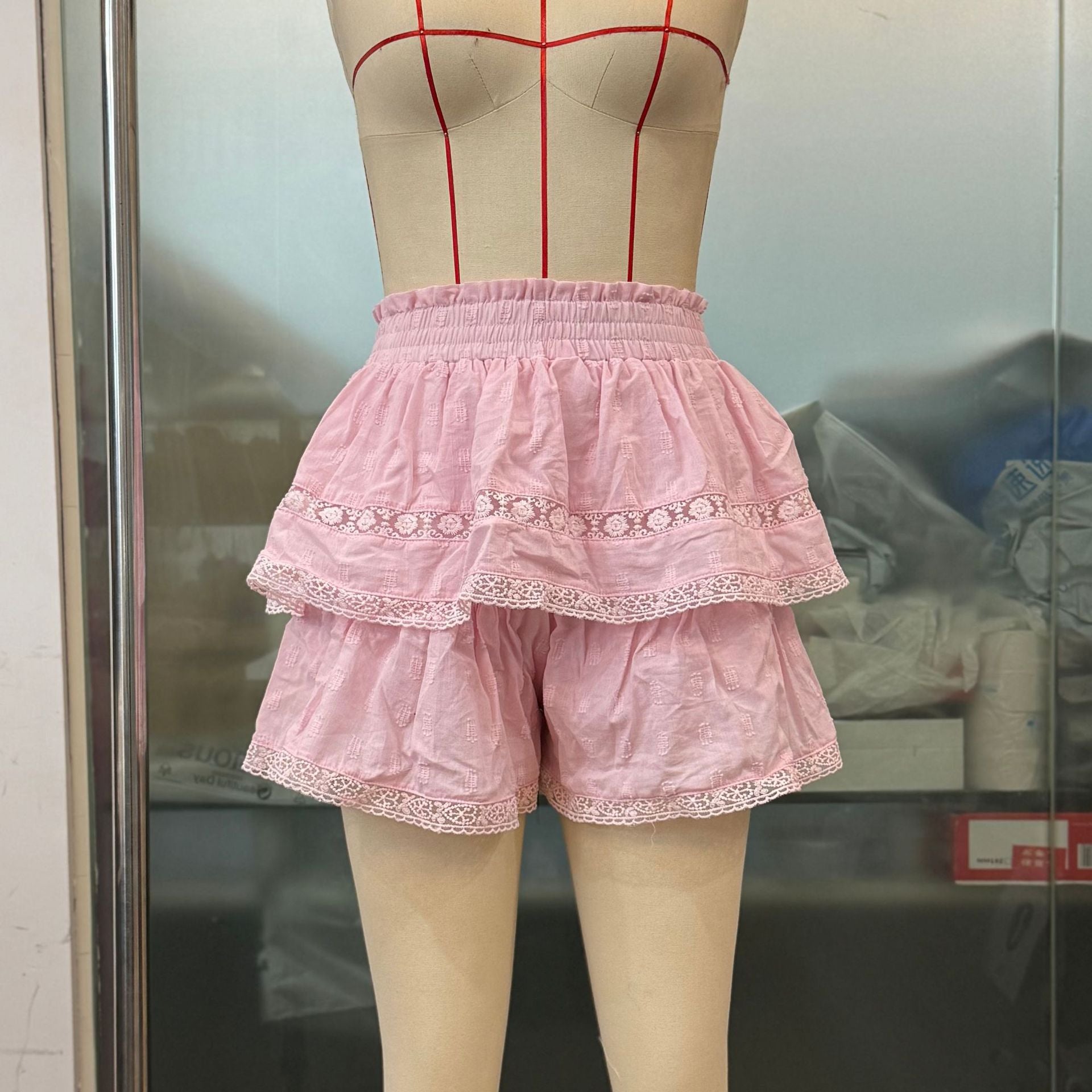 Women Elastic Waist Puffy Layered Lace Cascading Ruffles Skirt Pants 21