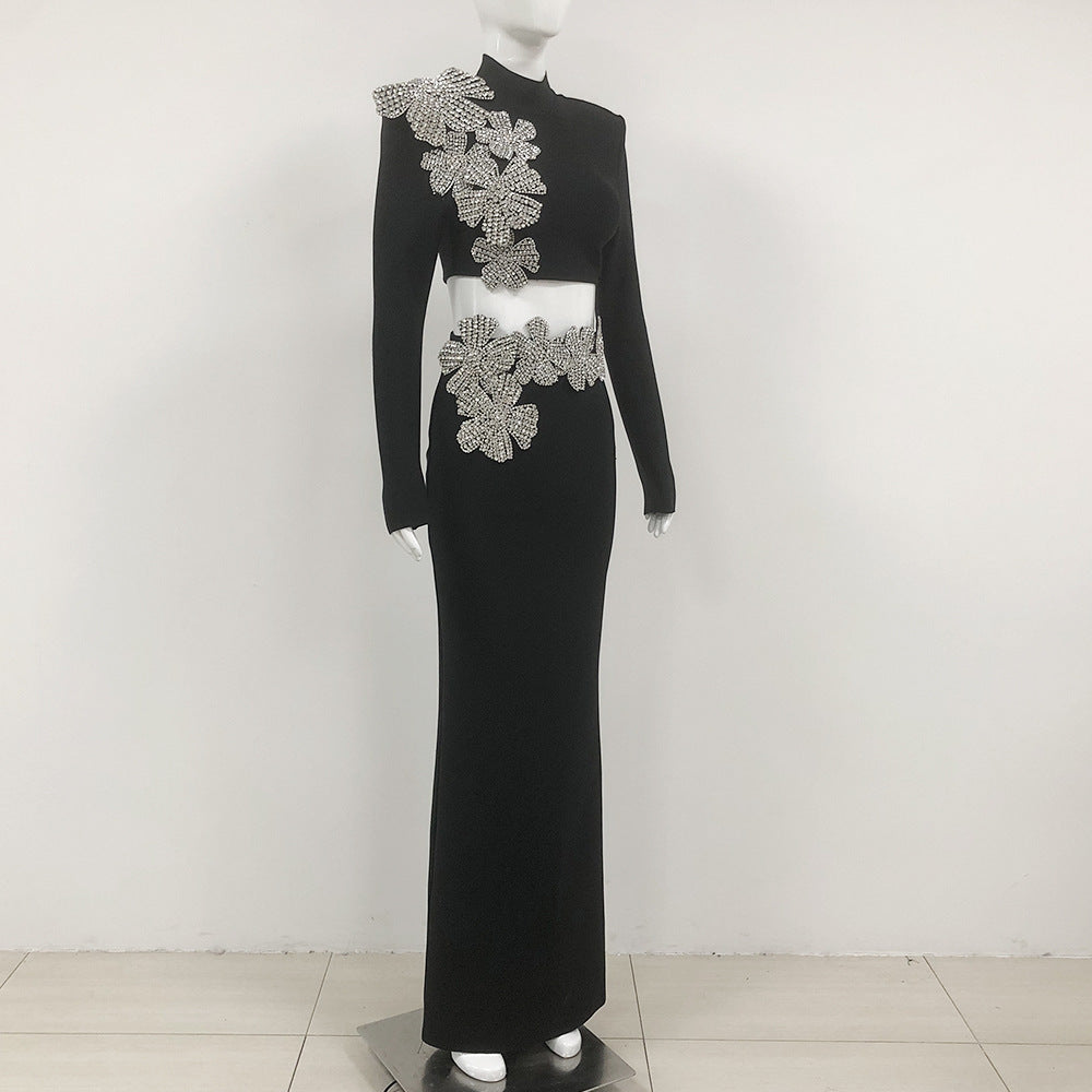 Women Sexy Elegant Beaded Long Sleeve Top and Long SkirtTwo Piece Set 5