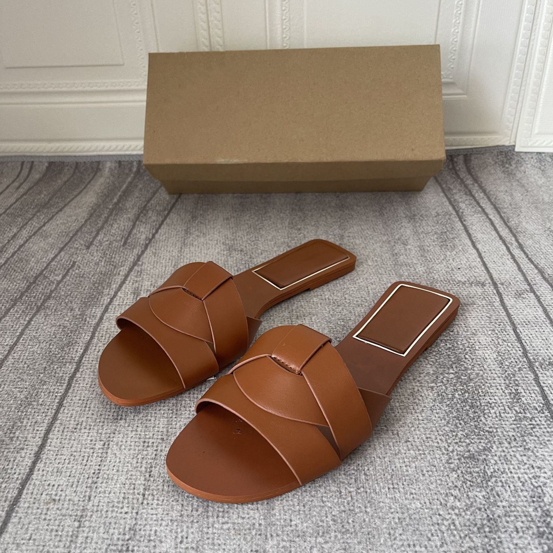 Black Flats Summer Square Toe Cross Casual Outdoor Wear Flat Sandals Women 3