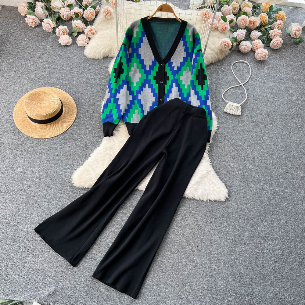 Women Casual Contrast color knitting V-neck jacquard cardigan sweater + wide-leg pants two-piece set 3