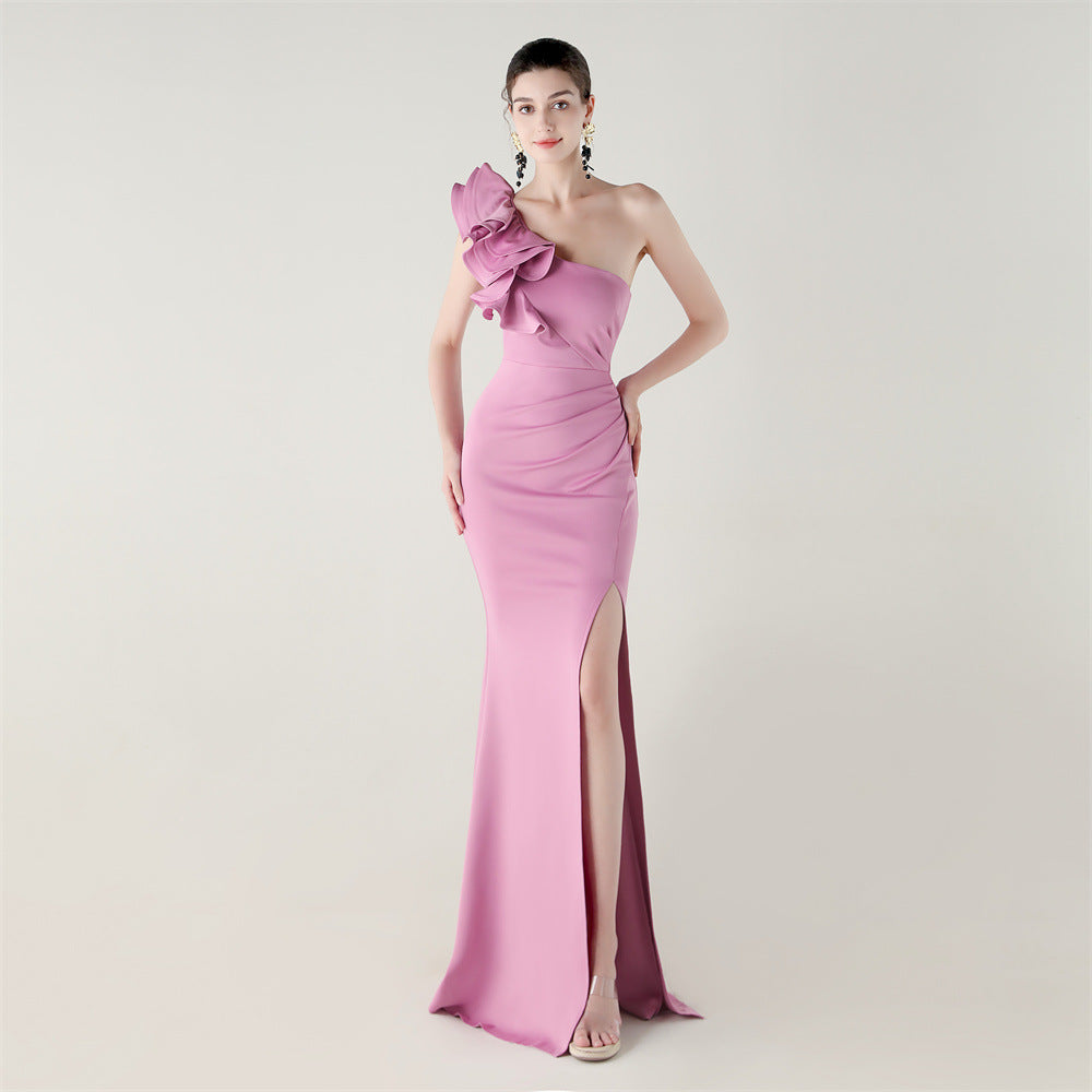 Women One-Shoulder Beaded Wool and Floral Satin Slit Sexy Evening Dress 10