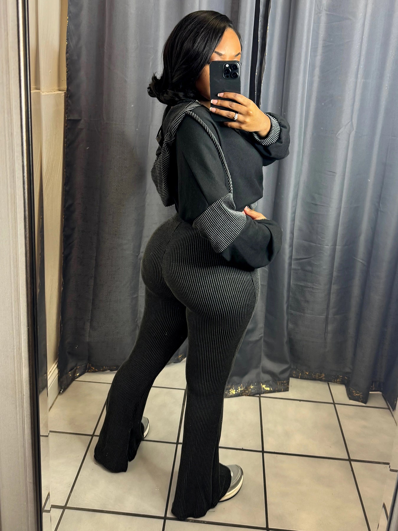 Twist Strip Hoodie Bell Bottom Pants Patchwork Two Piece Set 5