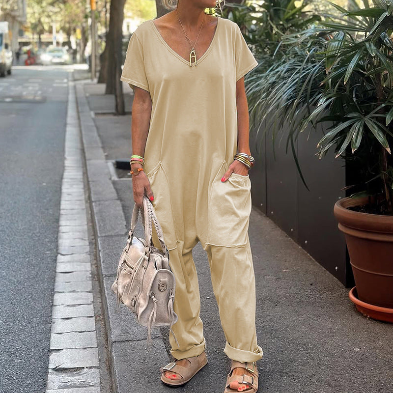 Women Spring Summer Solid Casual V Neck Short Sleeve Jumpsuit