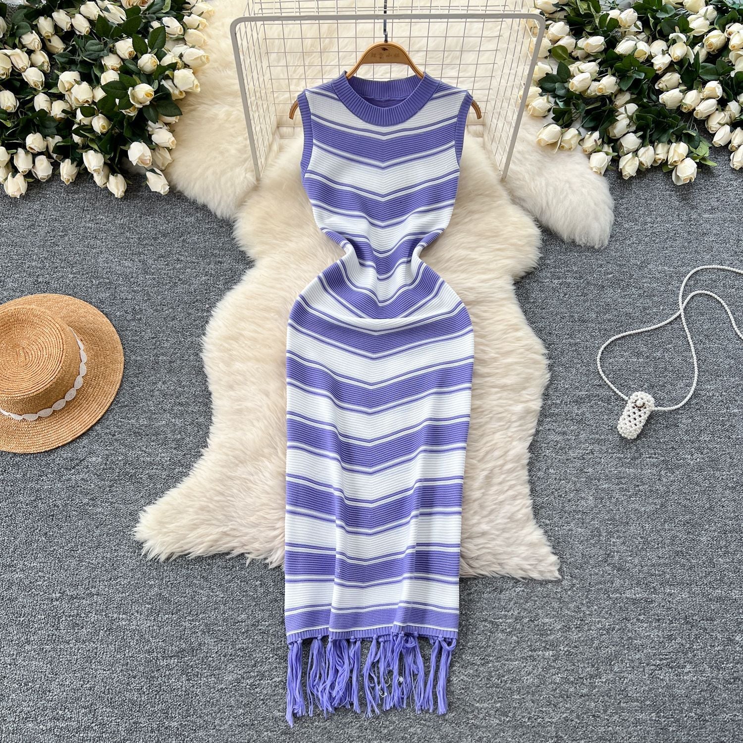 Summer Slim Round Neck Sleeveless Color Matching Striped Knitting Bodycon Tassel Dress 8
