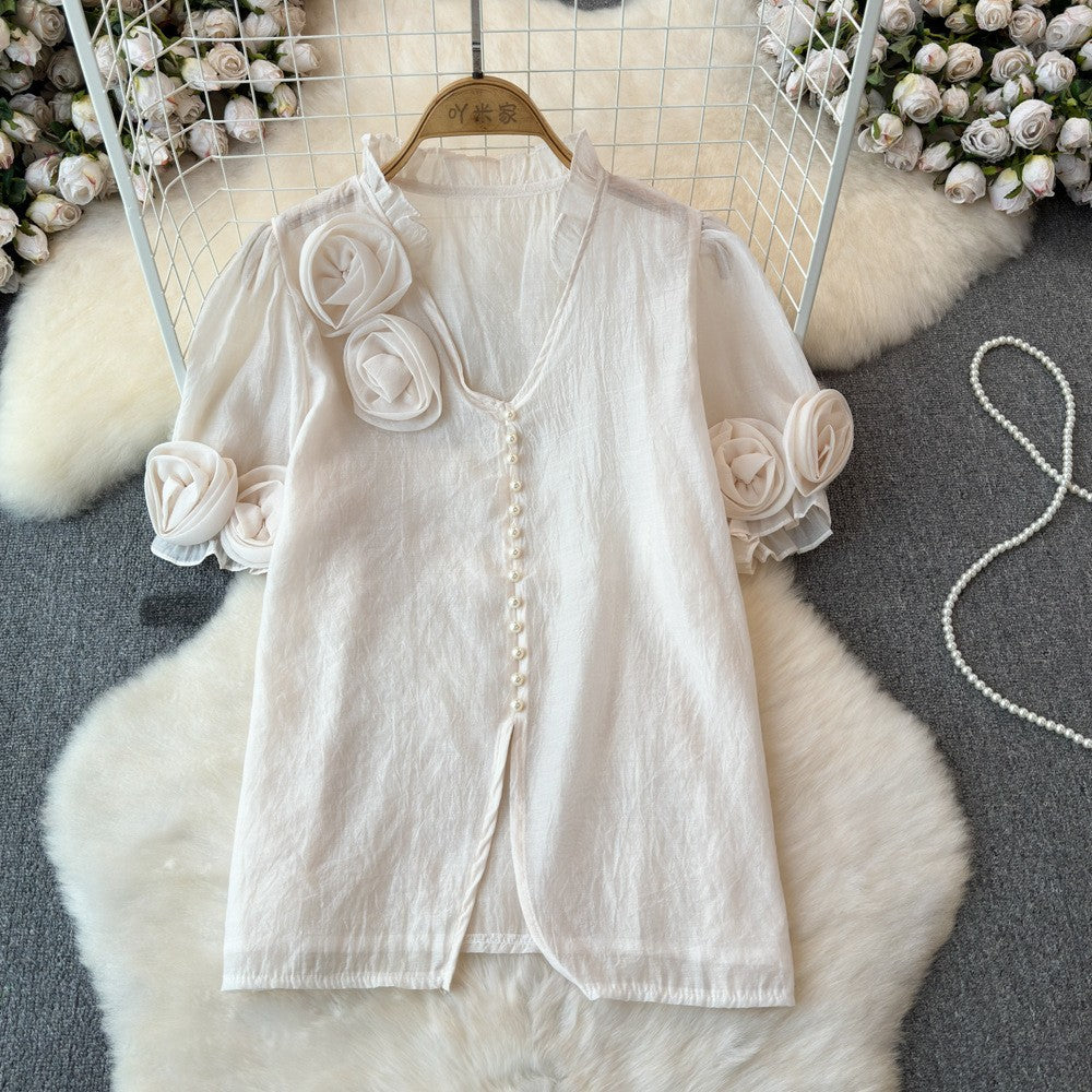 Women French Summer Short Sleeve Flower Mesh Shirt 13