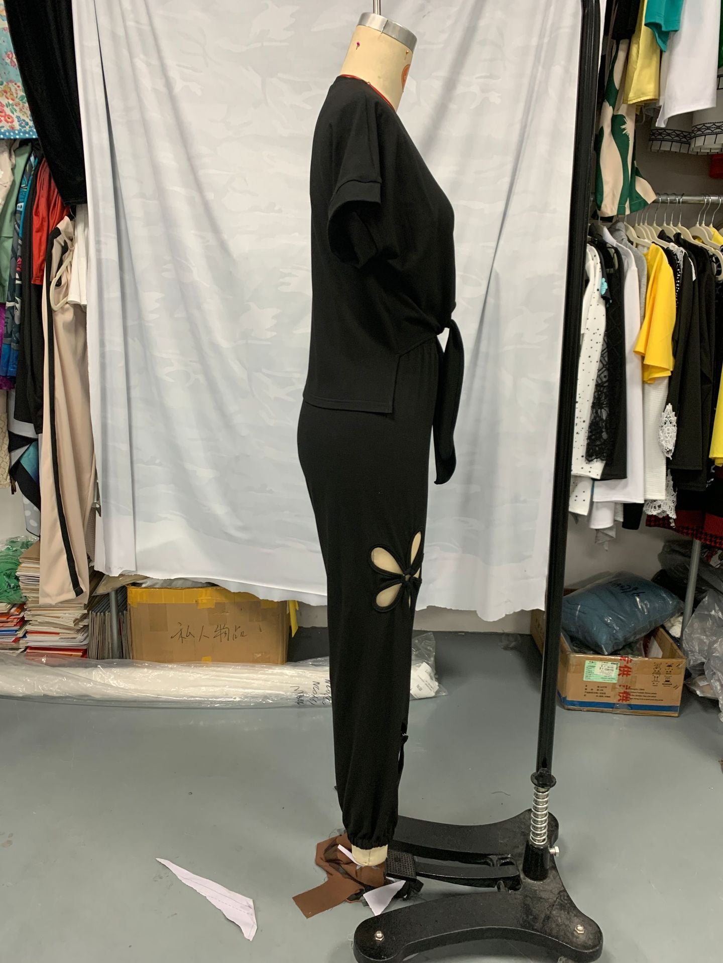 Fashion Casual Loose Pullover Irregular Tie-Dye T-Shirt Cut-Out Floral Ripped Long Pants Set 8