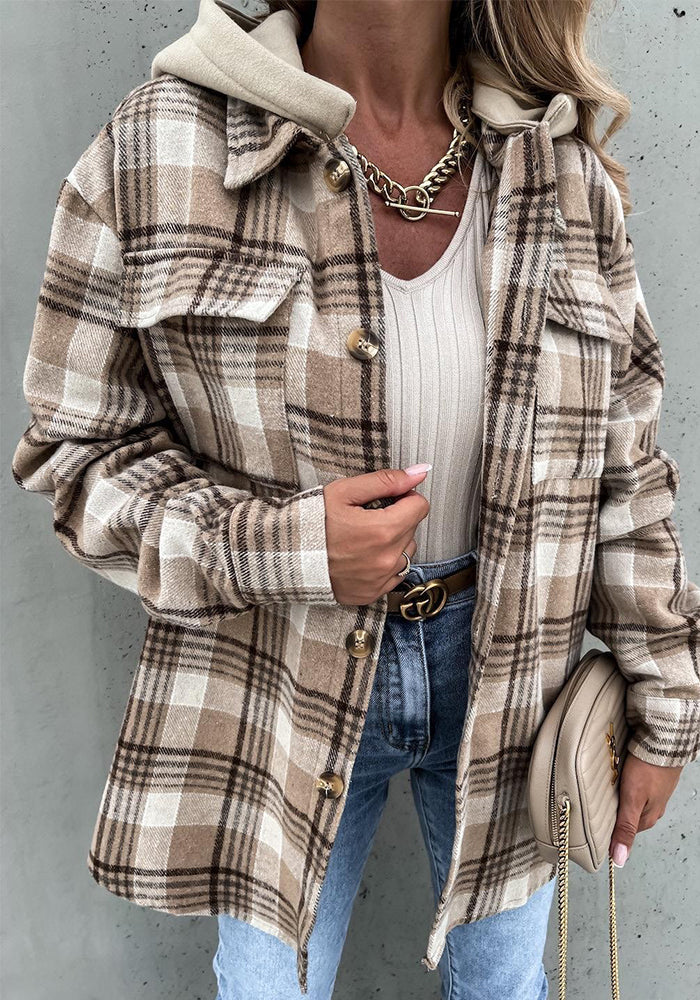 Winter Women's Outerwear Fashionable Hooded Plaid Coat