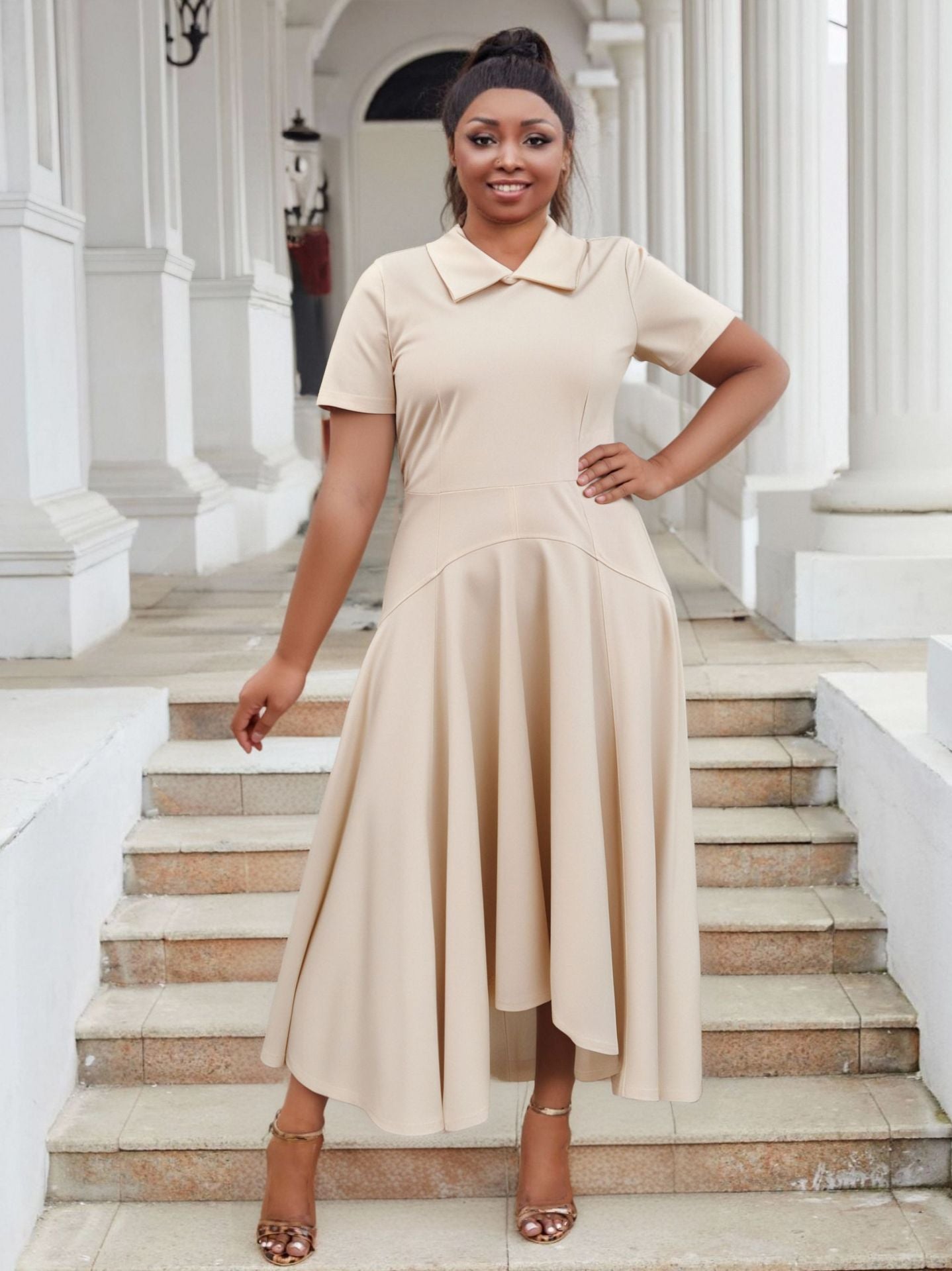 Plus Size Women Turndown Collar Irregular Elegant Dress 16