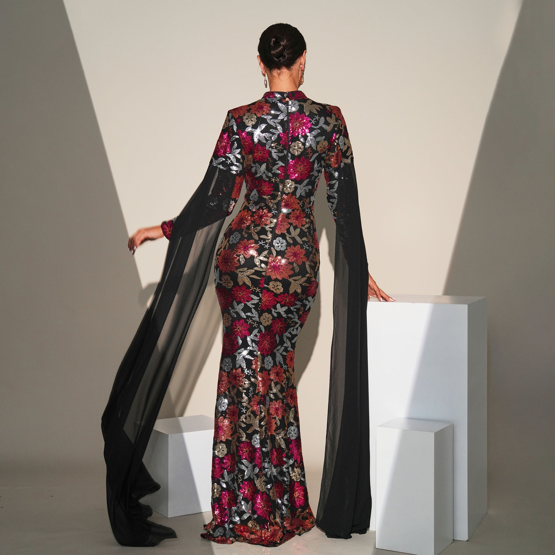 Women Sequined Long Sleeve Round Neck Formal Party Maxi Evening Dress 3