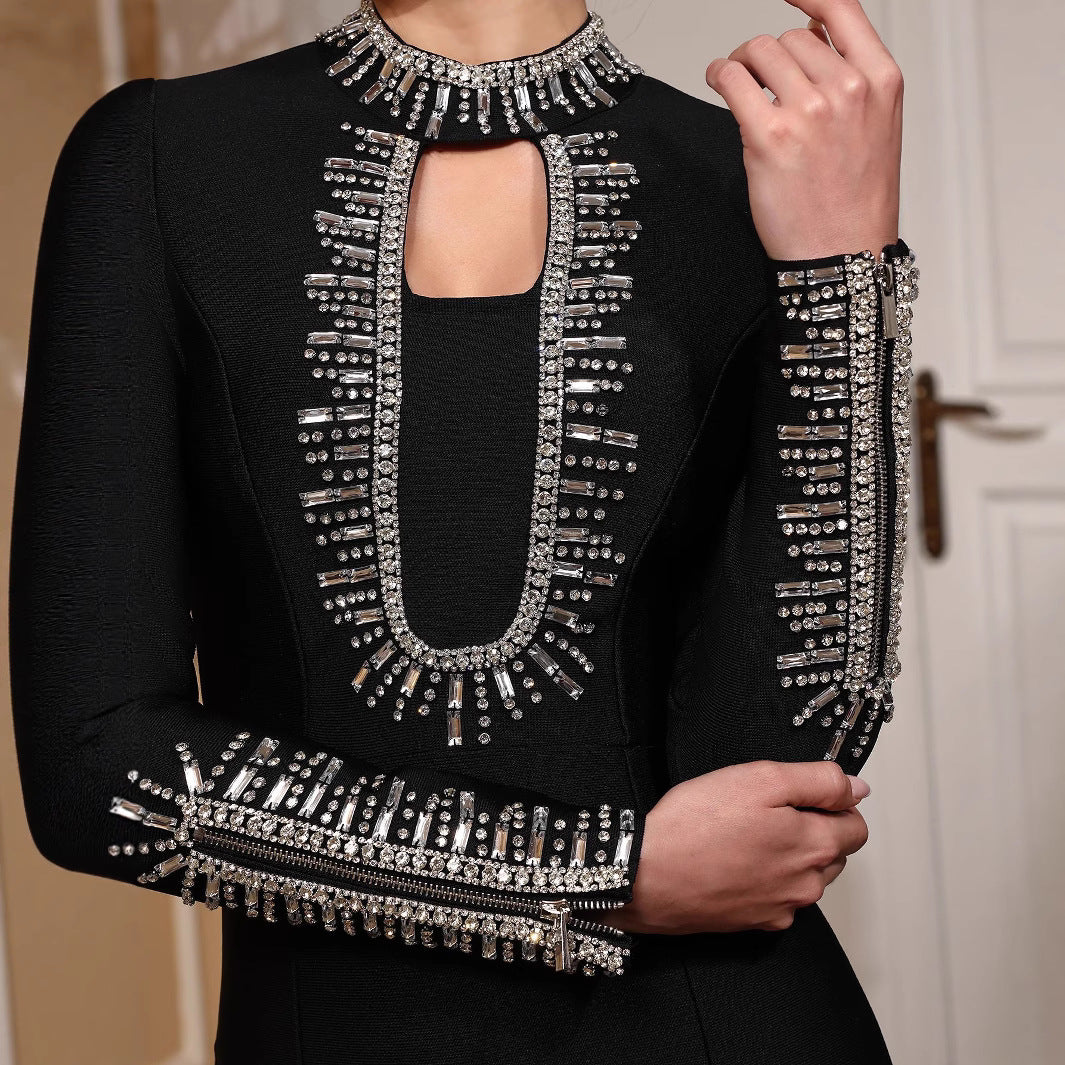 Women Black Long Sleeve Beaded Split Bandage Party Dance Evening Dress 5