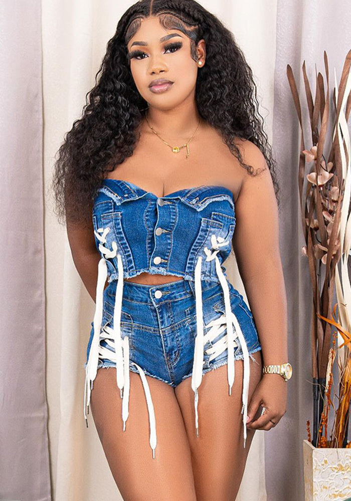 Women's Lace-Up Strapless Top & High-Waist Shorts Denim Set