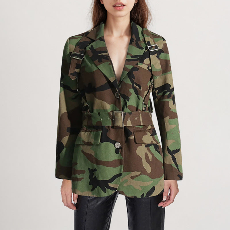 Women Style Camo Print Lace-up Blazer Jacket 3