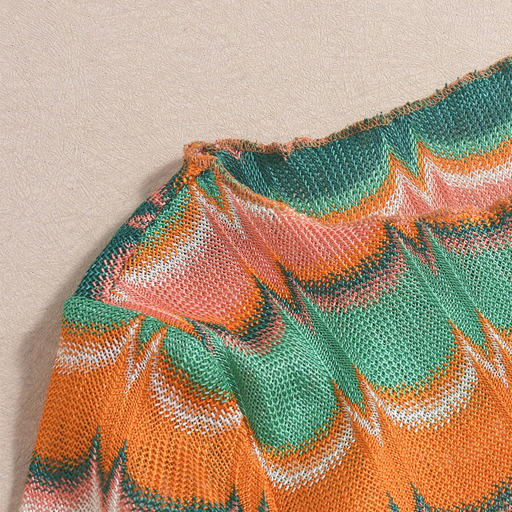 Women's Autumn Winter Sexy Crop Top Yarn-Dyed Multi-Color Skirt Set 14