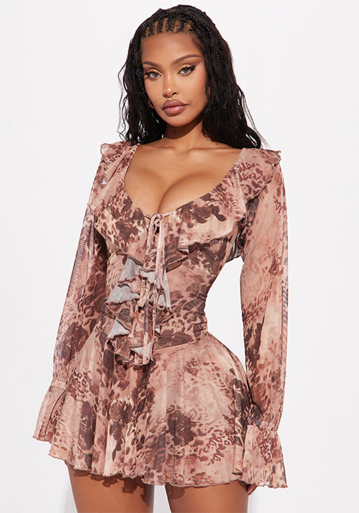 Women Summer/Autumn Ruffled Collar Long-Sleeved Mesh Leopard Print Off-The-Shoulder Pleated Dress