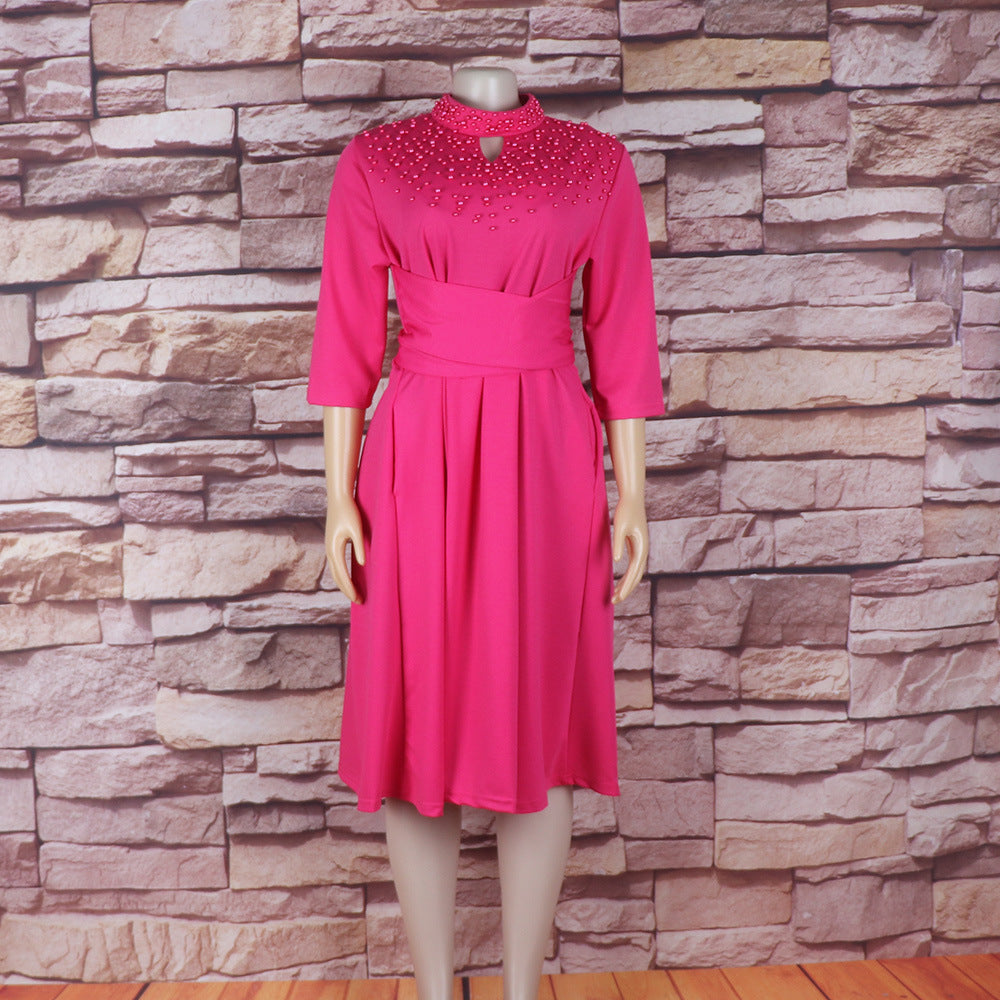 Women African Elegant Stand Collar Beaded Belt Pocket Dress 9