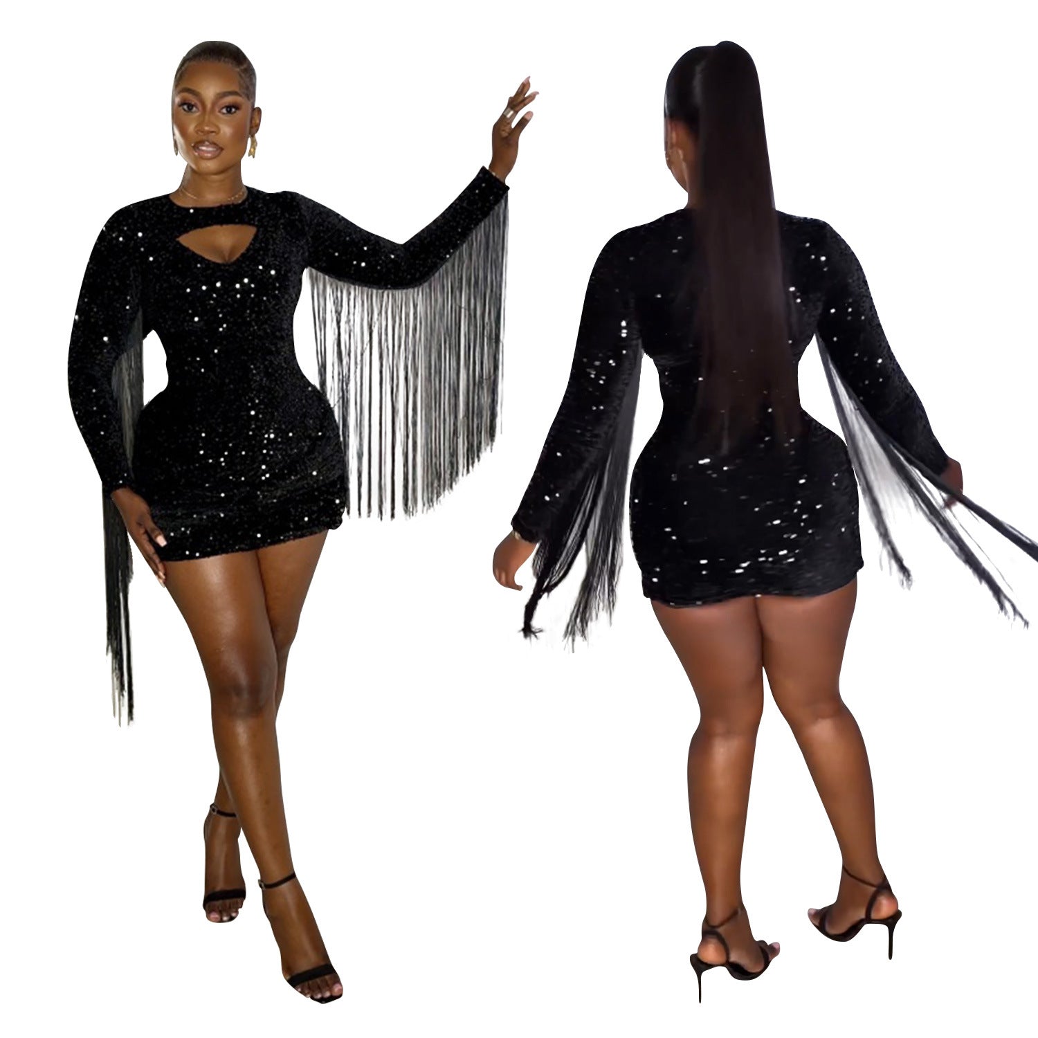 Women Solid Sequined Tassel Long Sleeve Dress 6