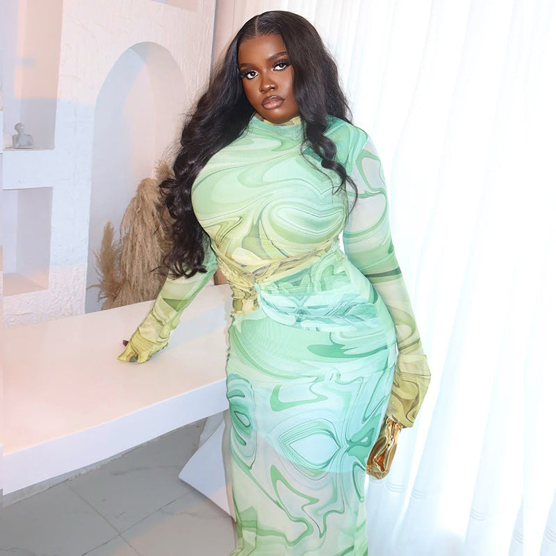 Chic Printed Women's Slim Fit High Neck Long Sleeve Bodycon Dress 5