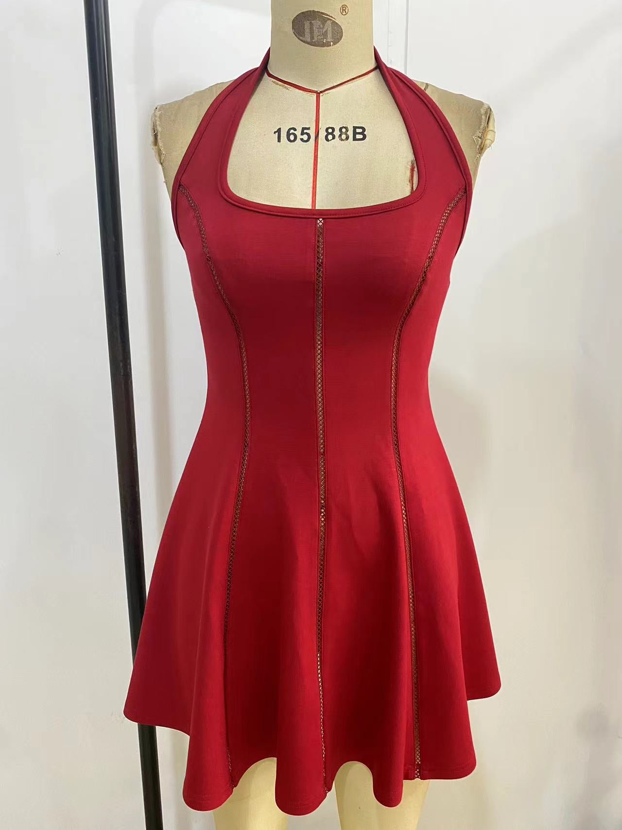 Women's Solid Color Halter Neck Lace-Up Strapless Hollow Patchwork Slim Waist Low Back Cocktail Dress 7