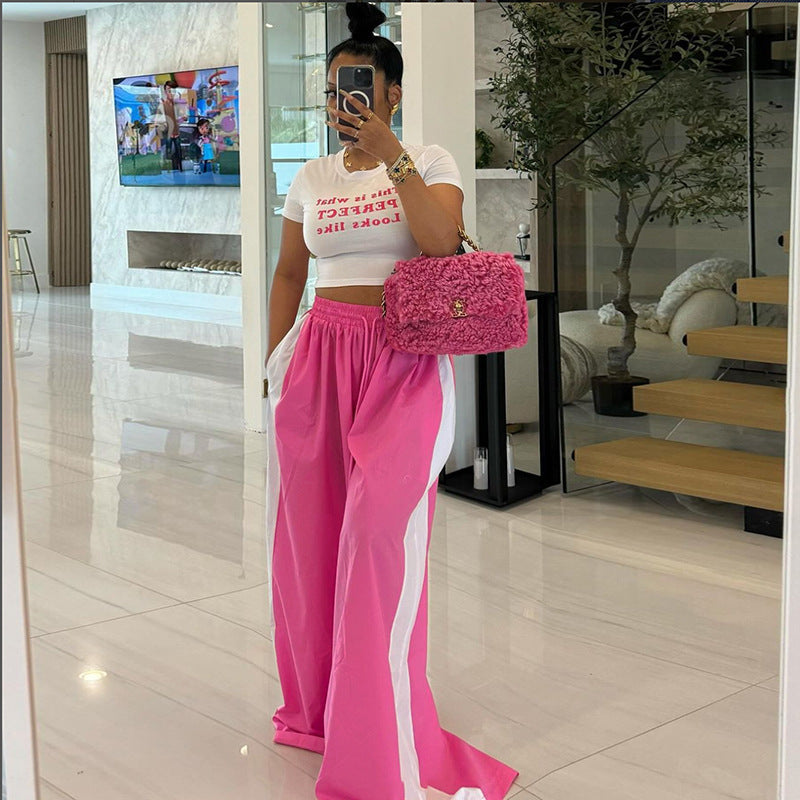 Autumn Winter Fashion Contrast Color Wide-Leg Pants High Waist Casual Lace-Up Straight Trousers 6