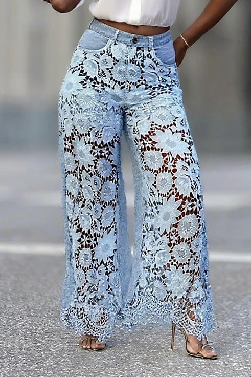 Women's Cut-Out Lace Patchwork Denim Pants 5