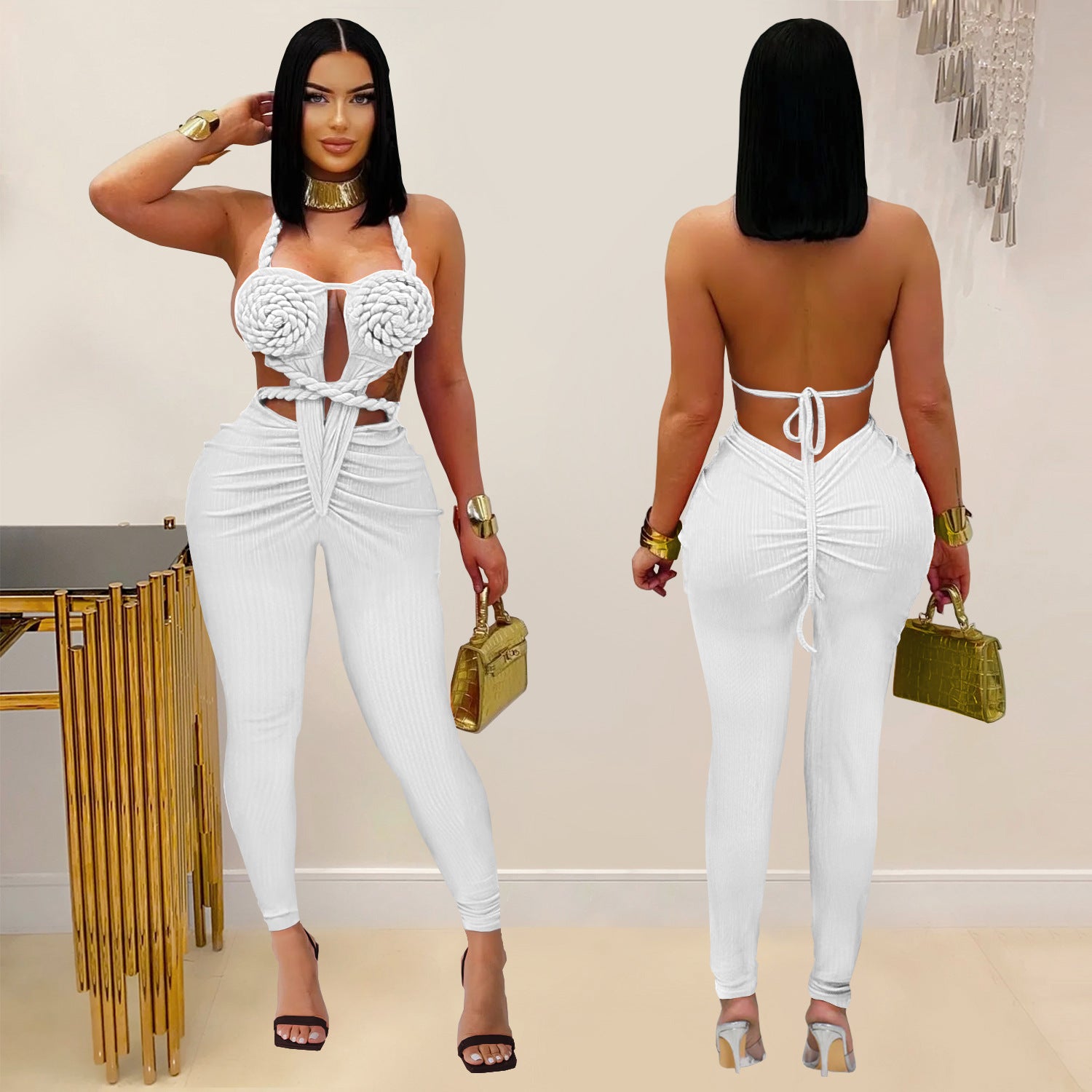 Women Sexy Casual Halter Neck Backless Solid Jumpsuit 7