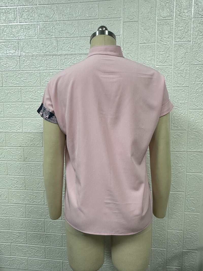 Women Contrast Floral Button Short Sleeve Shirt 21