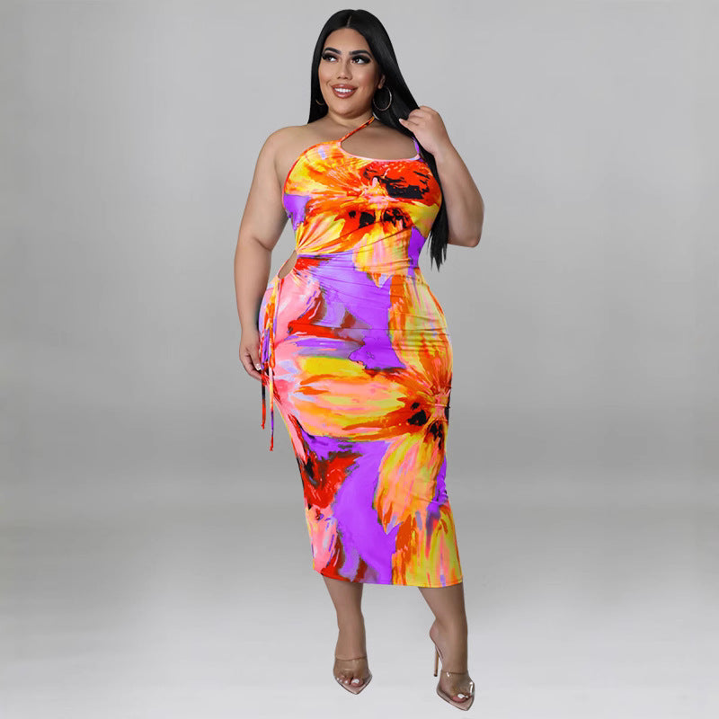 Plus Size Women's Summer Sexy Printed Strap Low Back Slim Dress 6