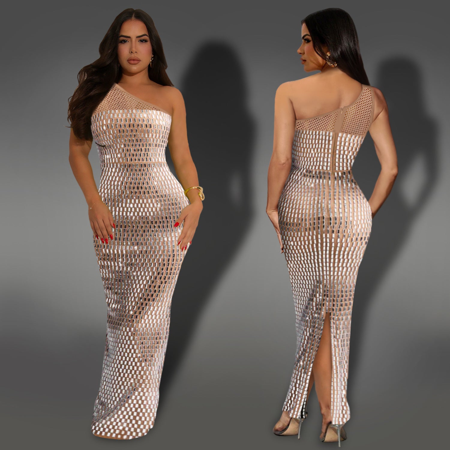 Fashion Women's Sexy Mesh Beaded Slash-Shoulder Sleeveless Long Dress 6