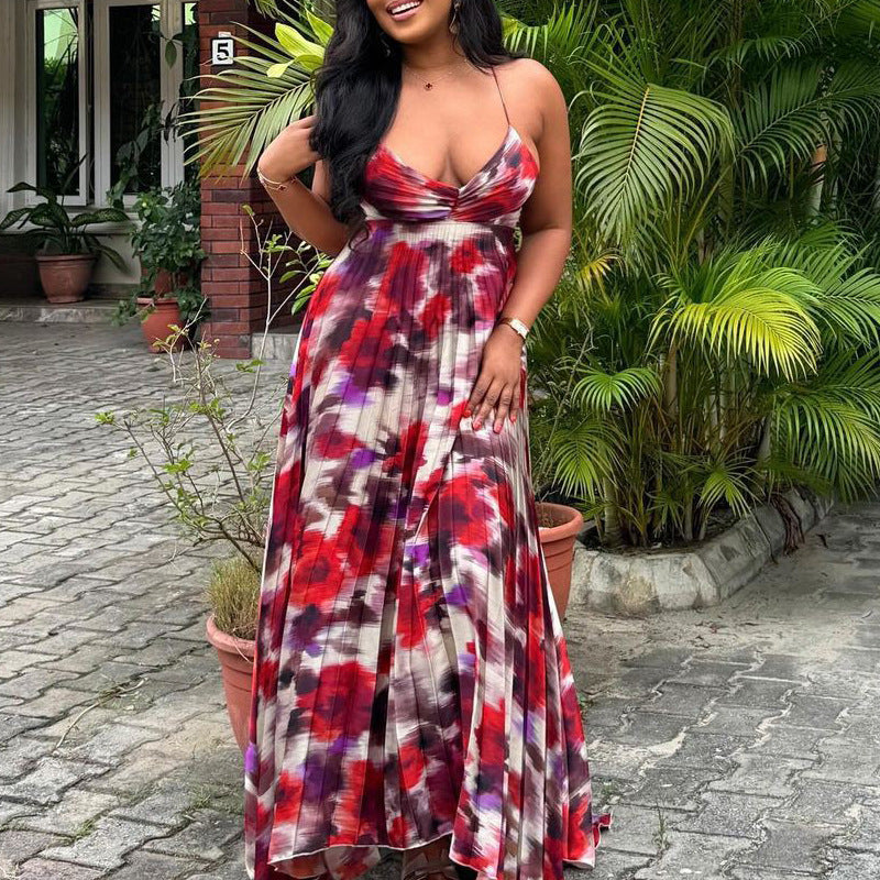 African print pleated strap long sexy dress for women 4