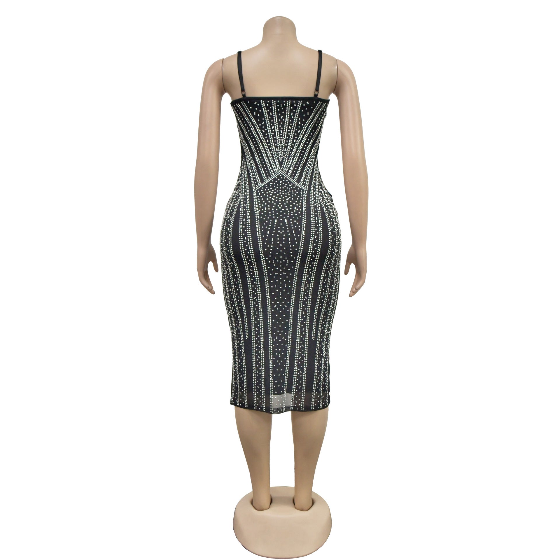 Fashion Women's Solid Color Sexy Beaded Mesh Strap Dress 13