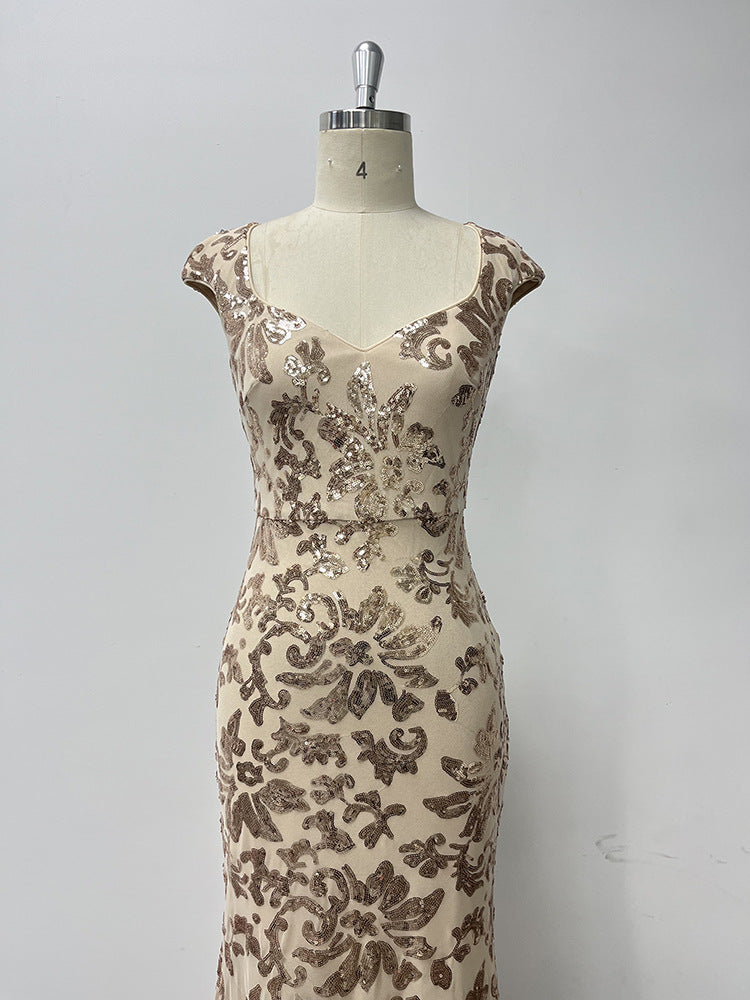 Women Square Neck Mermaid Rose Gold Pattern Sequin Sleeveless Party Evening Dress 8