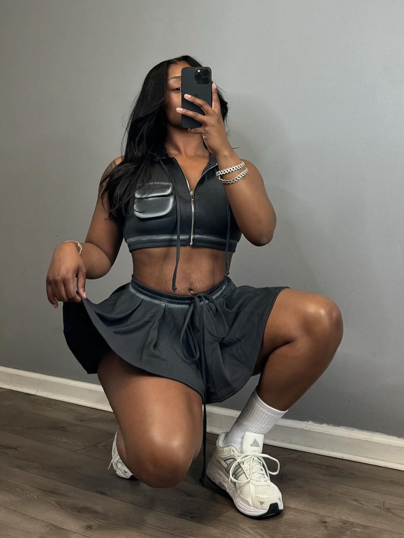 Women Summer Sexy Sports Casual Zipper Top and Lace Skirt Two-piece Set 4