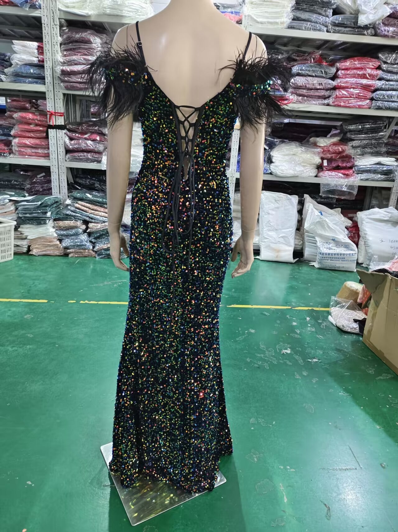 Women Herringbone ostrich velvet sequined mermaid evening dress 18