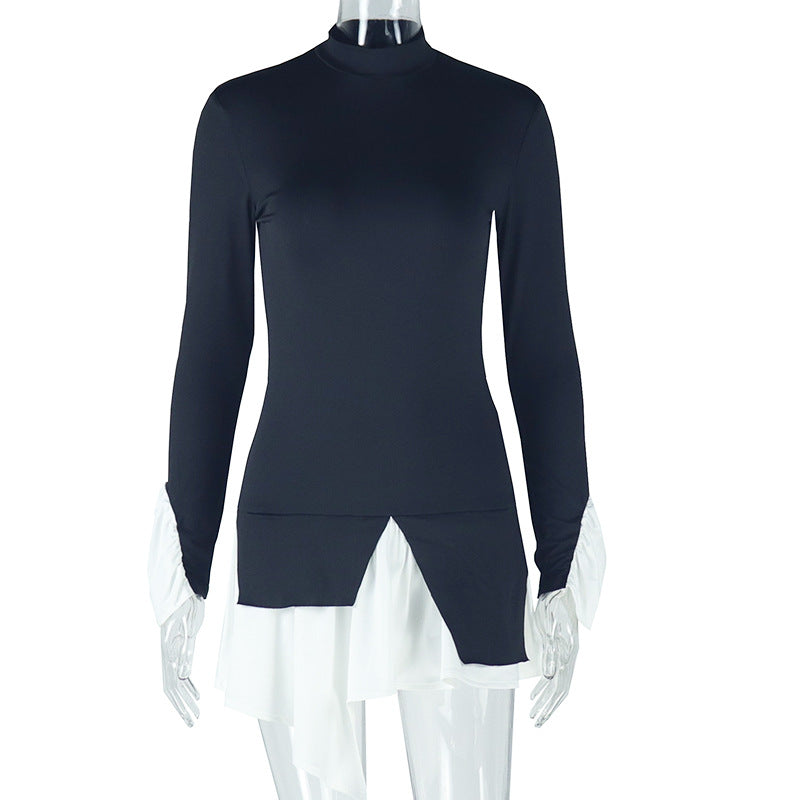 Women High Neck Bell Bottom Sleeve Fake Two-Piece Dress 9