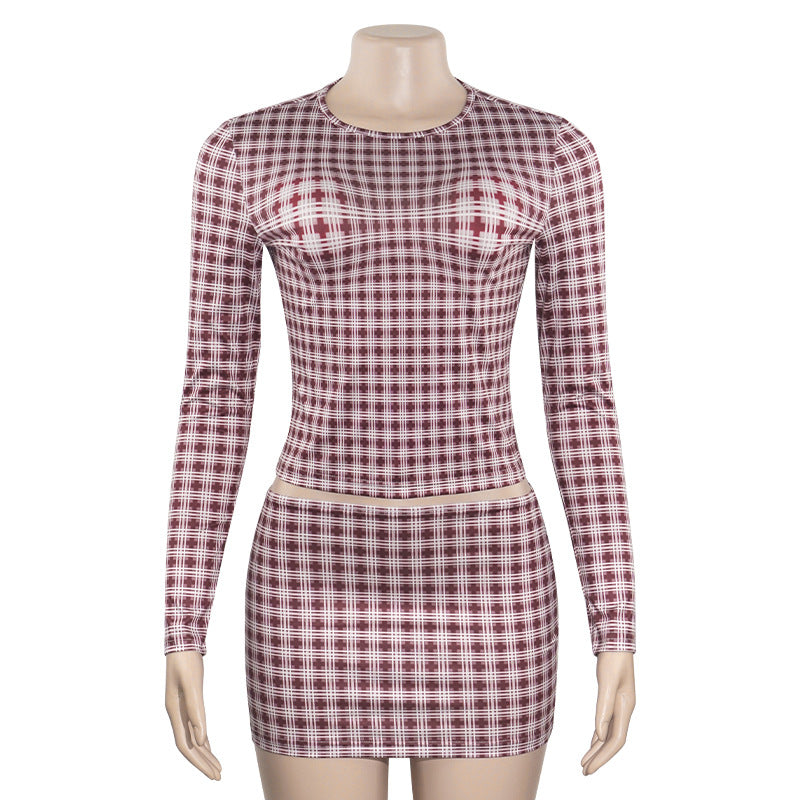 Autumn Fashion Plaid Round Neck Long Sleeve Top High Waist Short Skirt Slim Female Two Piece Set 8