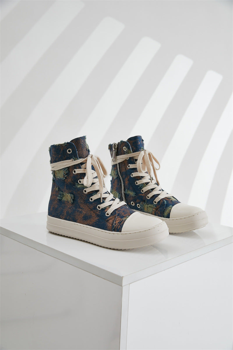 Platform Canvas Shoes Women's Washed Couple High-Top Shoes Ripped Denim Style Trendy Shoes For Men 13