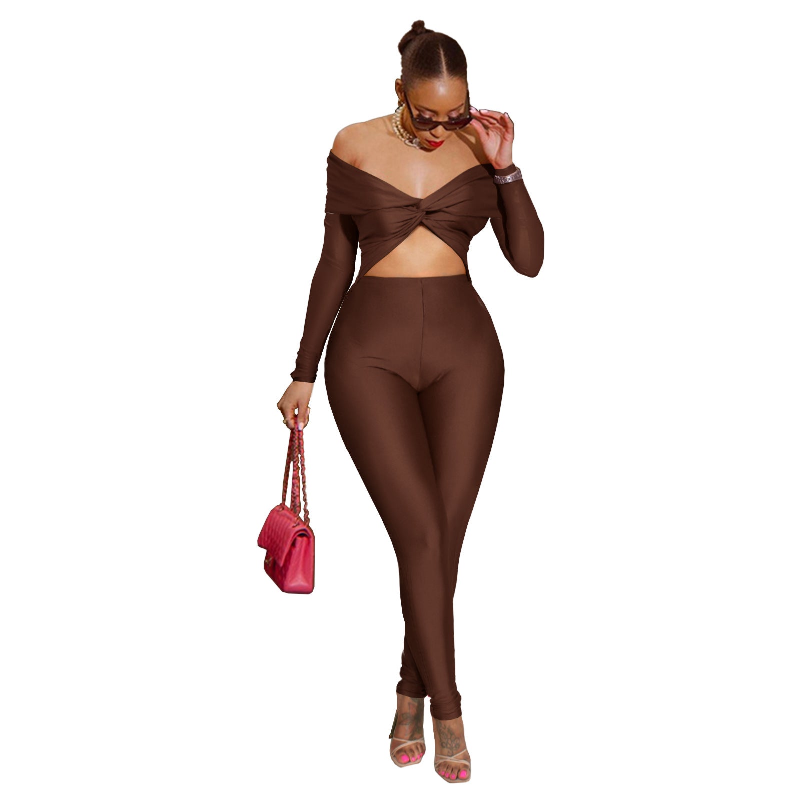 Women's off shoulder Knot Hollow Sexy High Waist Long Sleeve Jumpsuit 14