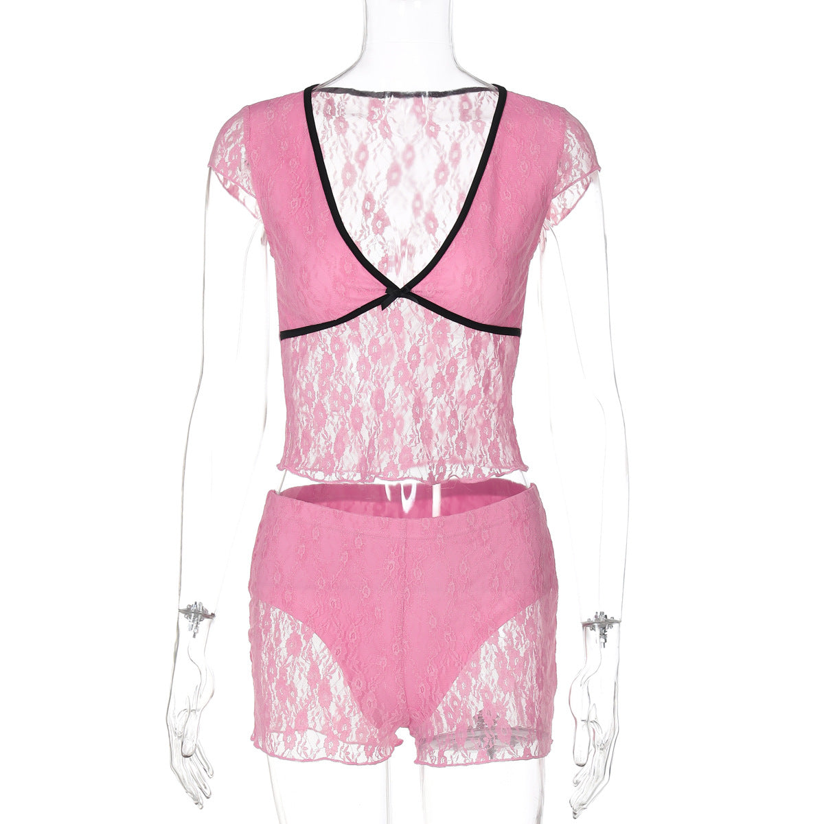 Women summer sexy See-Through Lace Patchwork V-neck Top and shorts two-piece set 7