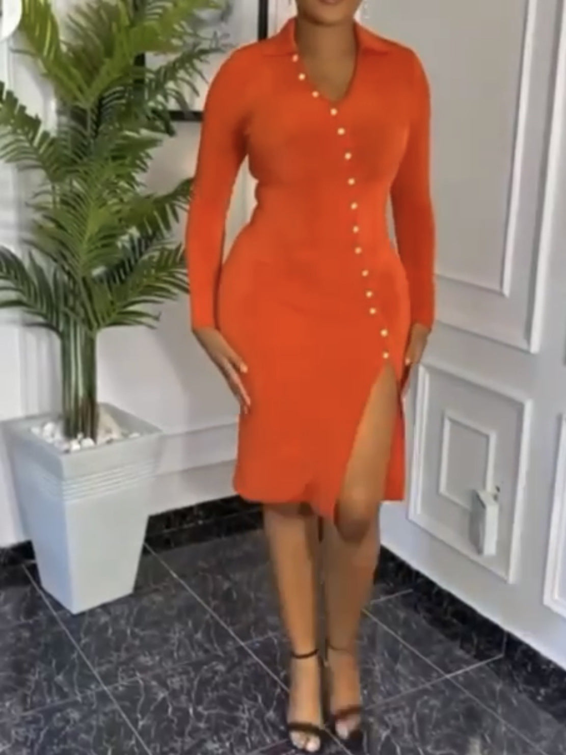 Women Turndown Collar V-Neck Sexy Slit Long Sleeve Solid Bodycon Dress