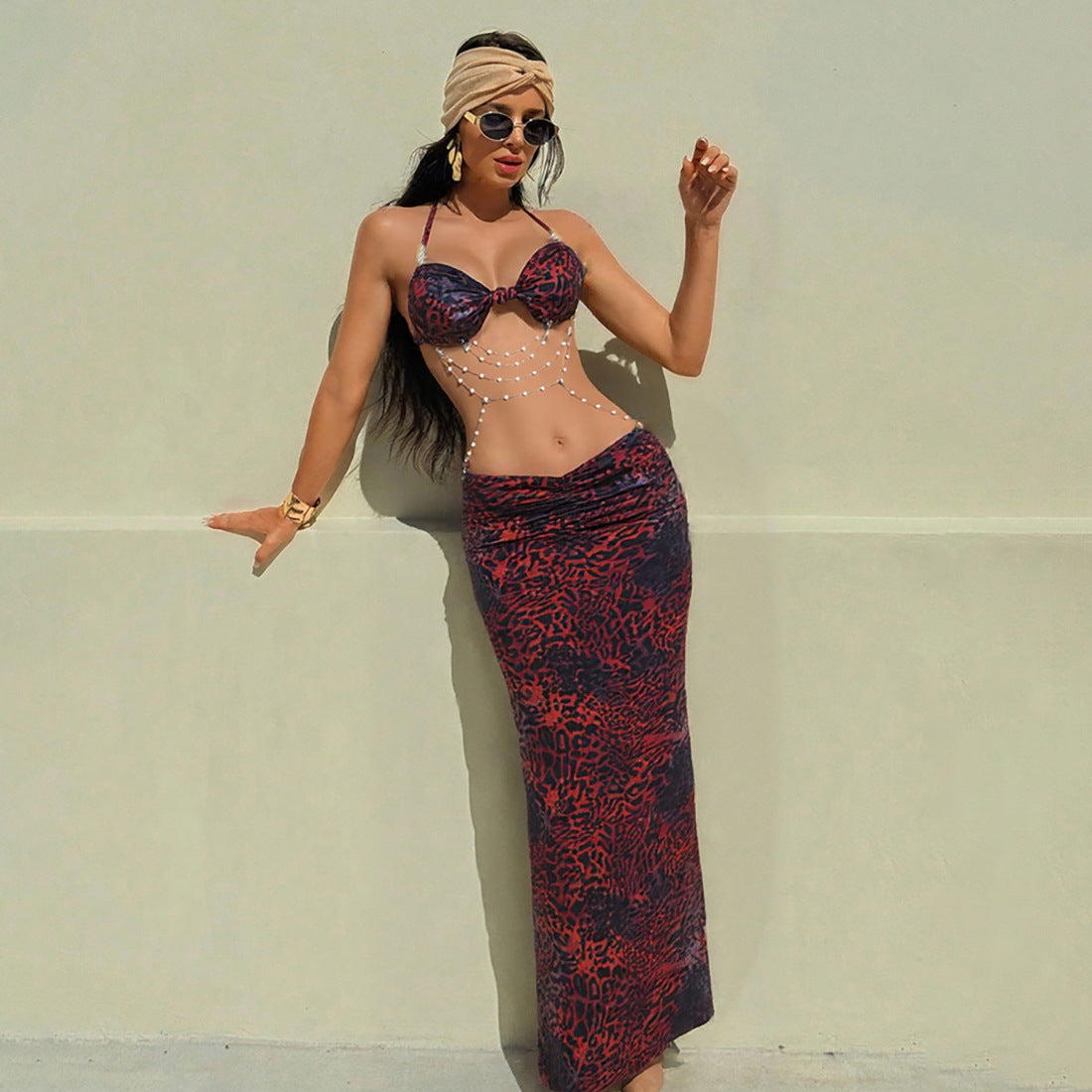 Women's Spring Halter Neck Tie Beaded Chain Slim Low Back Sexy Dress 6