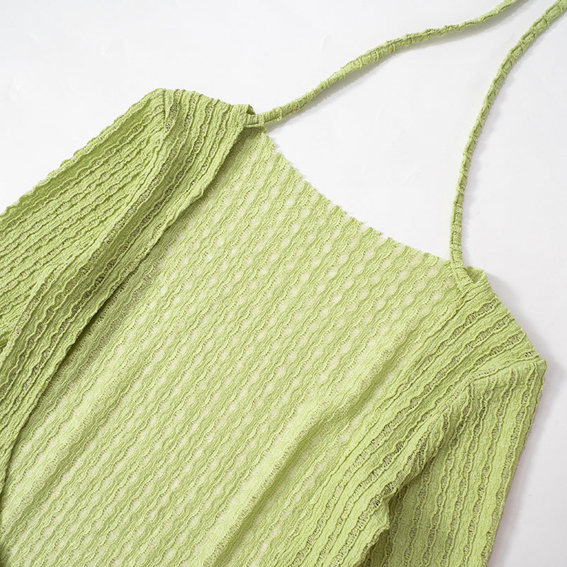 Women's Summer Solid Color Low Back Long Sleeve Slim High Waist Knitting Short Dress 17