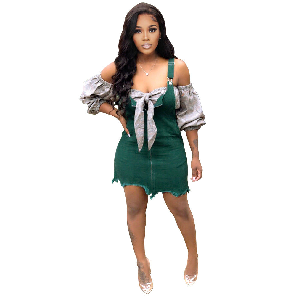 Women's Clothing Denim Solid Color Straps Buckle Zipper Dress Casual Mini Dress 4