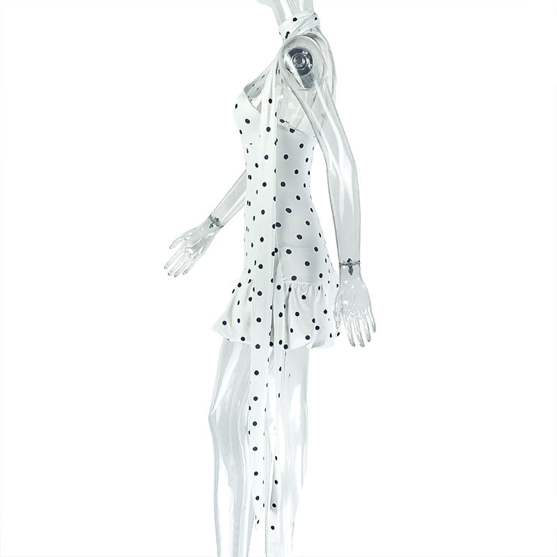 Women pleated halter neck black and white polka dot dress 7