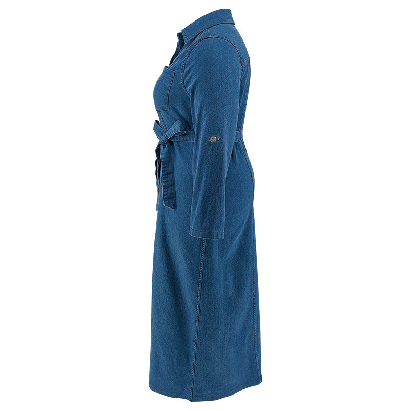 Plus Size Women Denim Turndown Collar Long Sleeve Lace-Up Maxi Dress 7