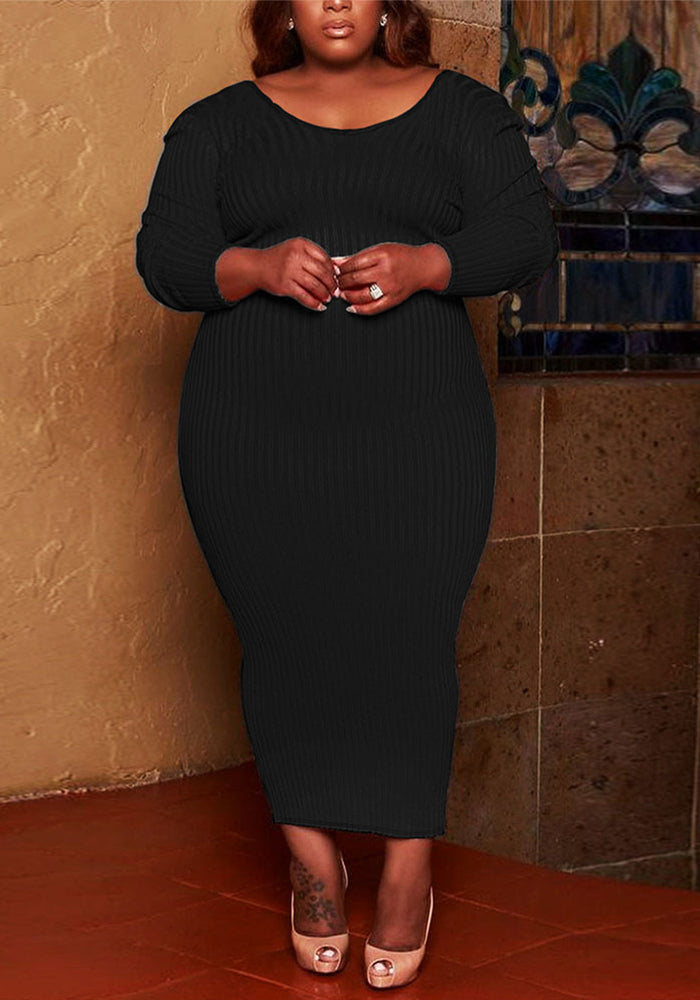Casual Fashion Round Neck Ribbed Solid Color Women 's Plus Size Long Dress