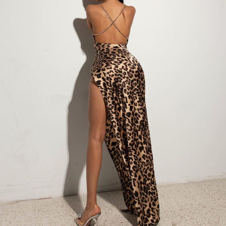 Women Chain Suspender Irregular Slit Leopard BacklessMaxi Dress 3