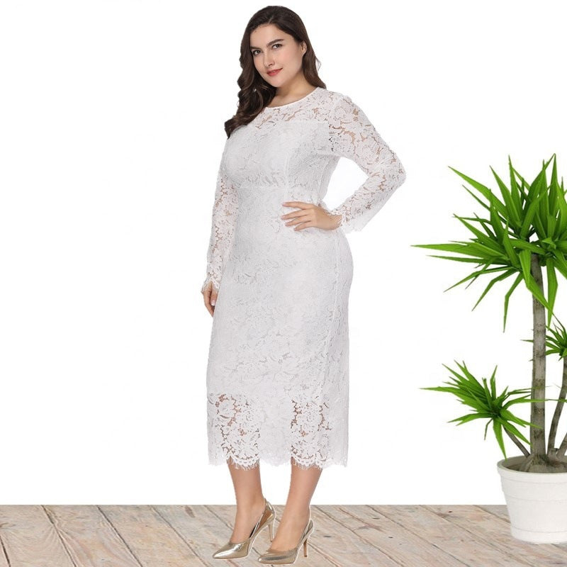 Plus Size Women Long Sleeve Lace Dress 11