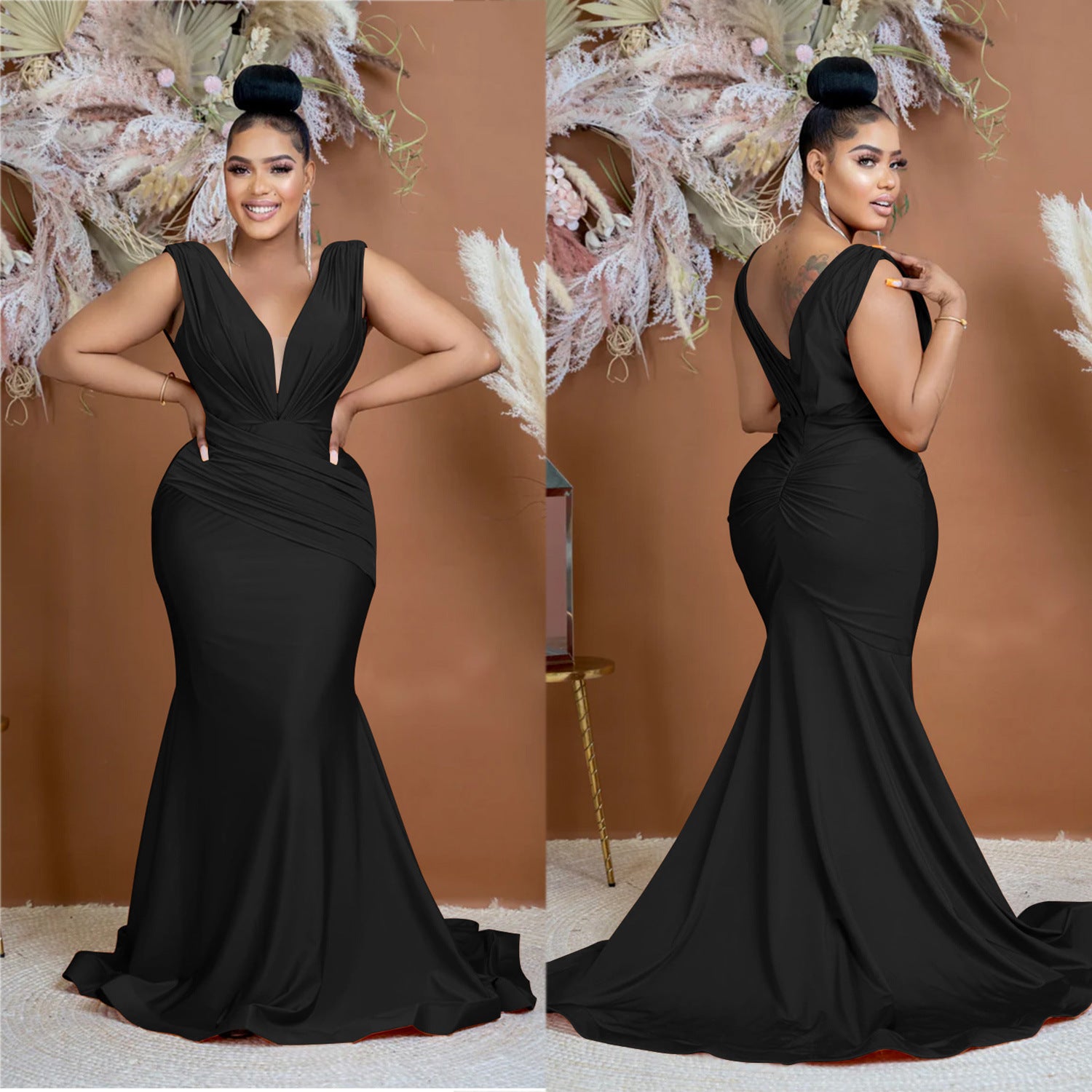 Women Solid V-Neck Sleeveless Pleated Maxi Dress 9