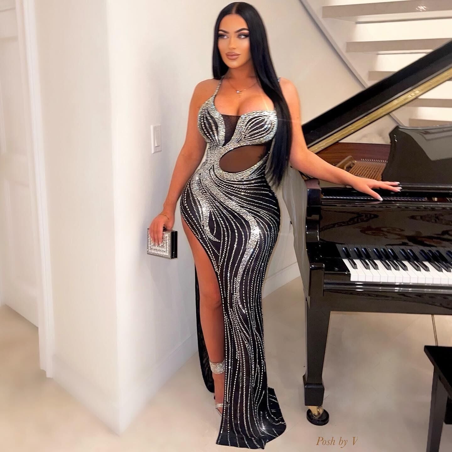 Sexy Rhinestone beaded slit Straps Party Dress 15